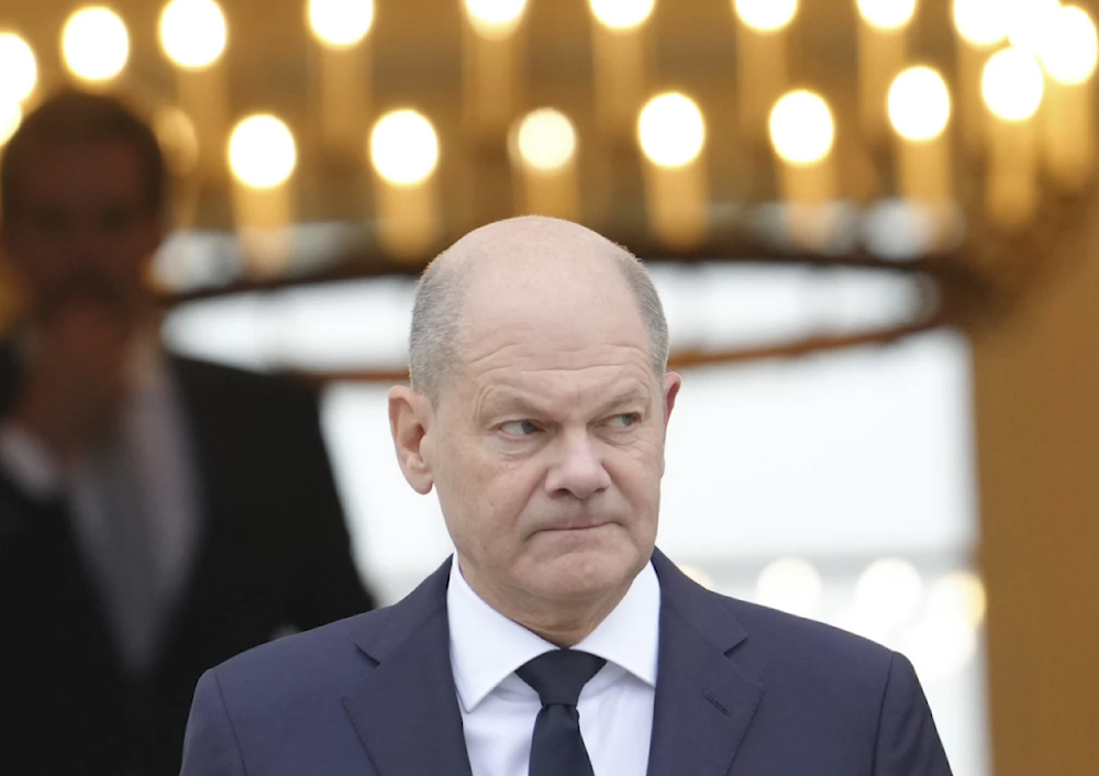 German Chancellor Olaf Scholz leaves Bellevue Palace in Berlin on November 7, 2024. (AP)