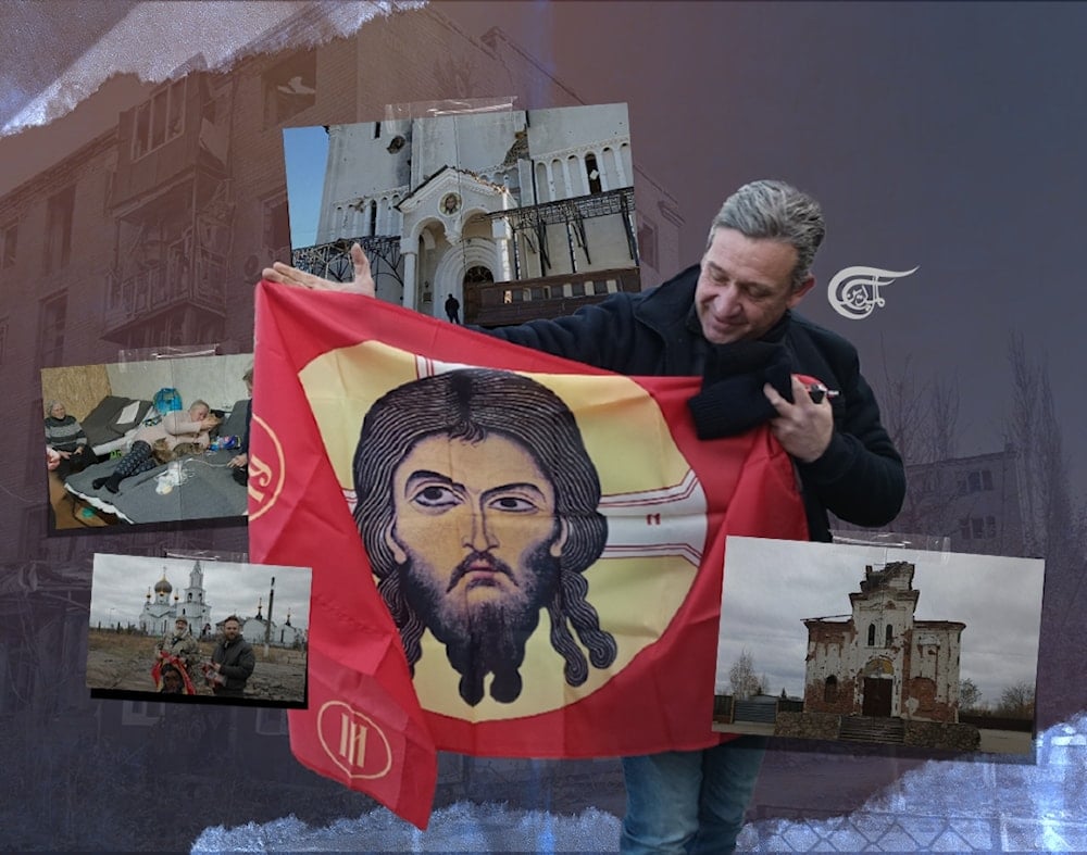 In each liberated zone, banners of Christ the Saviour (Styag) were distributed to soldiers and placed or replaced by fresh ones on sites liberated from the enemy. (Al Mayadeen English; Illustrated by Ali Al-Hadi Shmeiss)