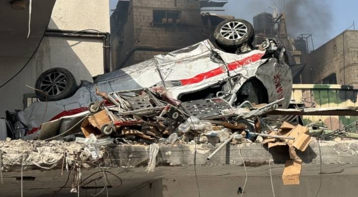 A destroyed ambulance at the Kamal Adwan Hospital in Beit Lahia the northern Gaza Strip, occupied Palestine, following a dleiberate Israeli occupation airstrike on October 26, 2024. (AFP)