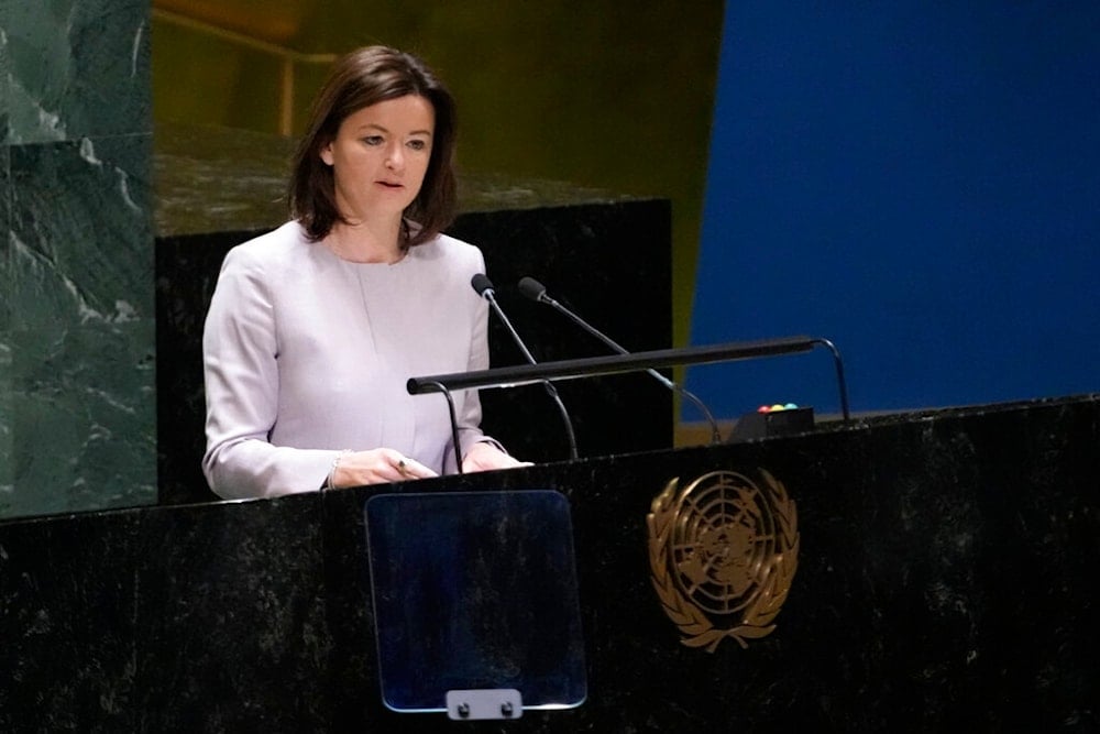 Slovenian Foreign Minister Tanja Fajon addresses the eleventh emergency special session of the General Assembly, Wednesday, Feb. 22, 2023 at United Nations headquarters. (AP)