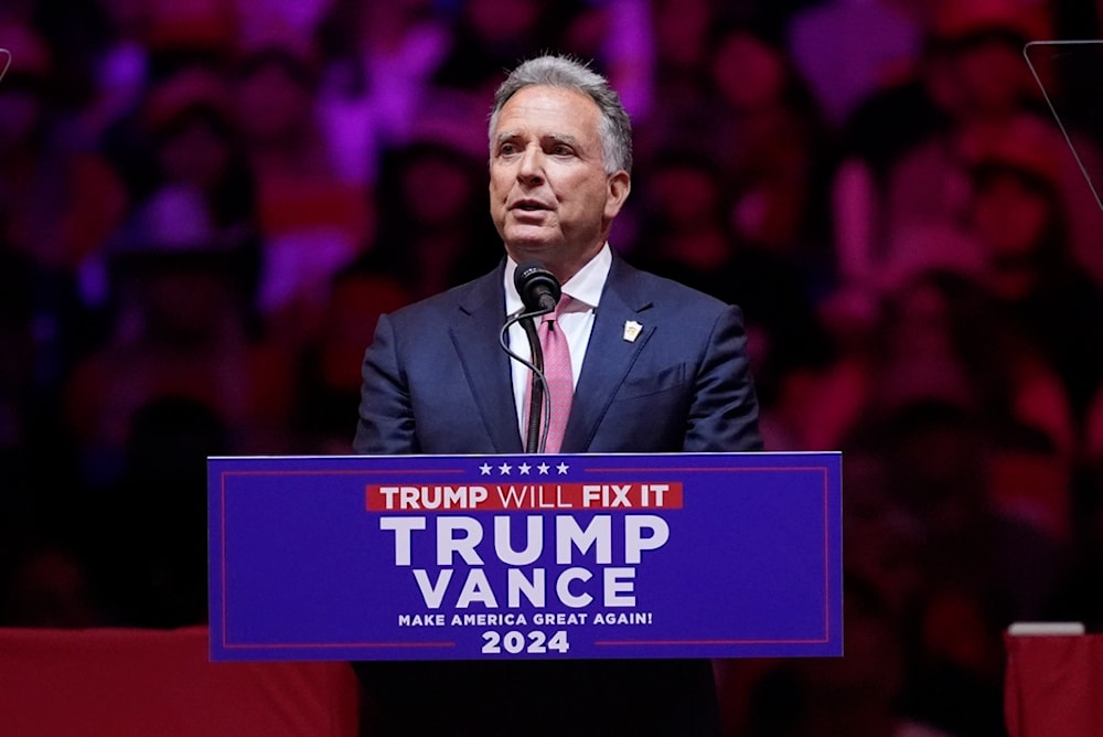 Steve Witkoff speaks before former US President Donald Trump at a campaign rally at Madison Square Garden, Sunday, October 27, 2024, in New York (AP)