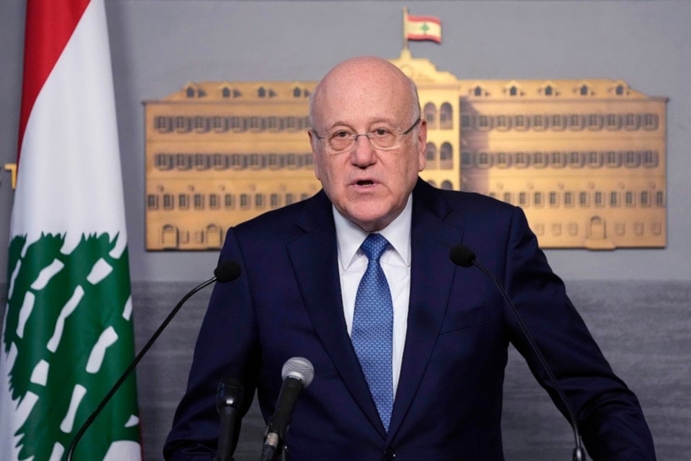 Lebanese caretaker Prime Minister Najib Mikati speaks at the government palace, in Beirut, Lebanon Monday, March 27,2023. (AP)