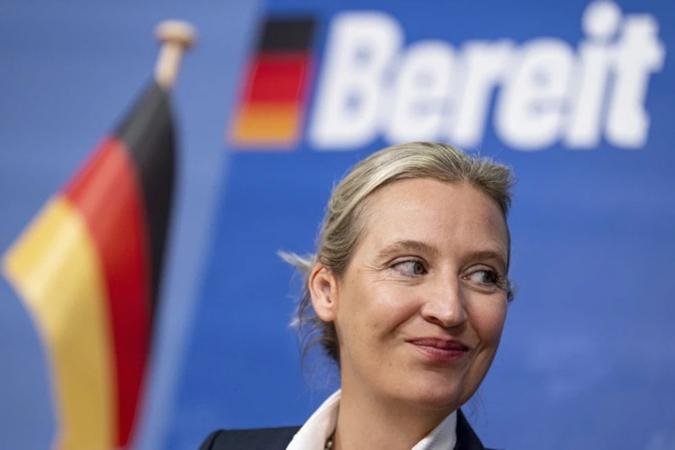 Alice Weidel, co-leader of the ‘Alternative for Germany’ party (AfD), smiles during a press conference at the Federal Press Office in Berlin, Germany, Oct. 9, 2023. (dpa via AP)