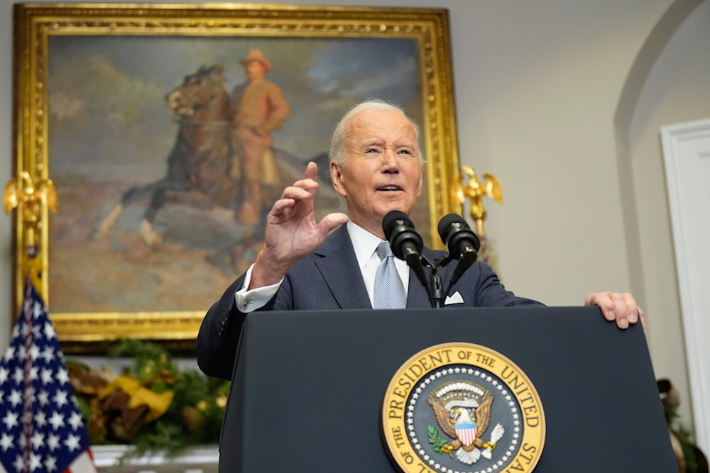 President Joe Biden speaks about the sudden collapse of the Syrian government under Bashar Assad from the Roosevelt Room at the White House in Washington, on December 8, 2024. (AP)