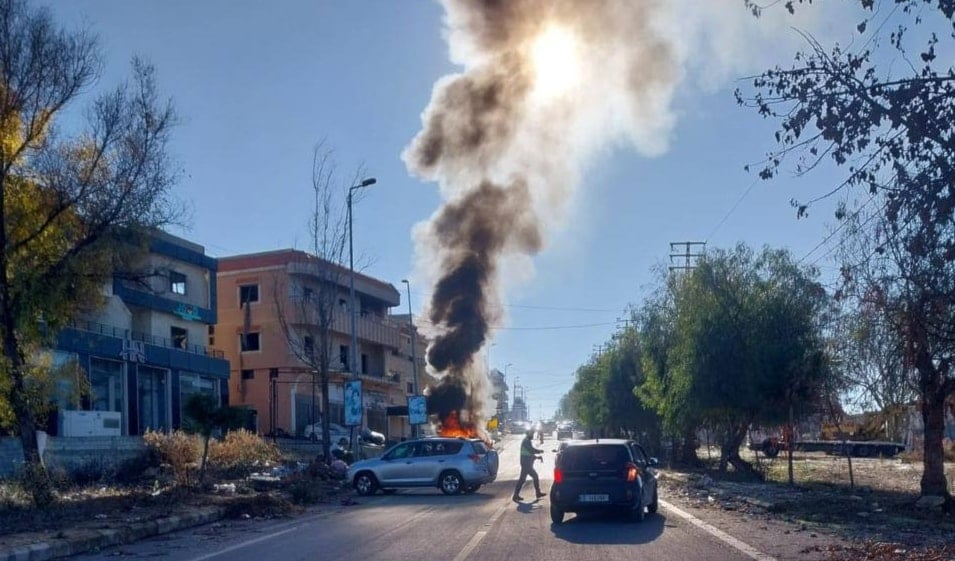 A car burns after being targeted by an Israeli airstrike in Bint Jbeil, South Lebanon, Dec. 9, 2024 (Social Media)