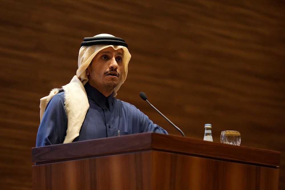 Qatar's Prime Minister and Foreign Affairs Minister Mohammad bin Abdul Rahman al-Thani speaks during a joint press conference with US Secretary of State Antony Blinken, at Diwan Annex, in Doha, Qatar, Tuesday, Feb. 6, 2024. (AP)