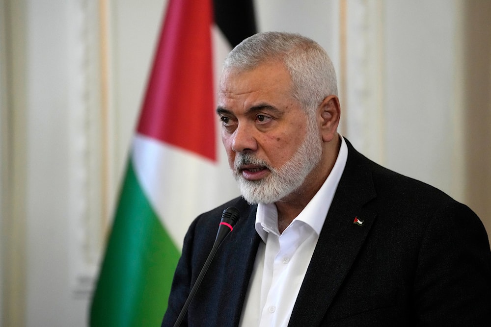 Hamas chief Ismail Haniyeh speaks during a press briefing after his meeting with Iranian Foreign Minister Hossein Amirabdollahian in Tehran, Iran, on March 26, 2024. (AP)