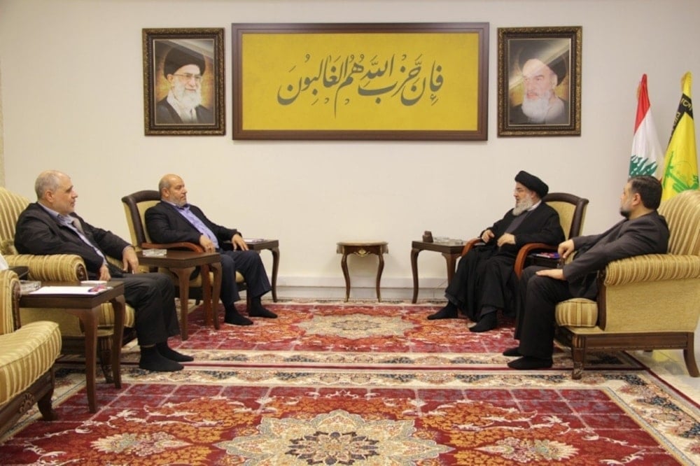 Secretary-General of Hezbollah Sayyed Hasan Nasrallah receives a delegation of Hamas leaders in Lebanon on May 15, 2024. (Hezbollah Military Media)