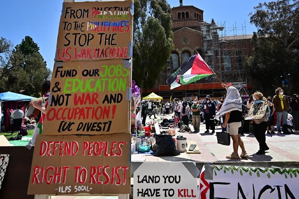 Pro-Palestinian students protest at an encampment on the campus of the University of California Los Angeles, or UCLA. )AFP(