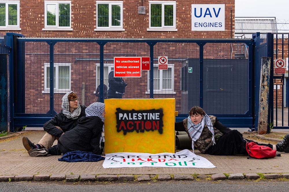 Protesters in front of Elbit's UAV Engines Ltd in London (X/PalestineAction)
