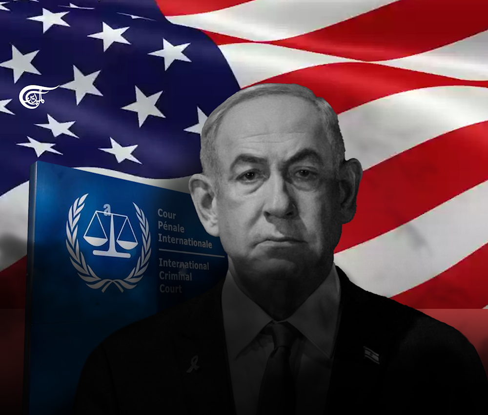 An illustration showing Israeli Prime Minister Benjamin Netanyahu and the American flag as well as the logo of the International Criminal Court (ICC). (Illustrated by Hady Dbouq)