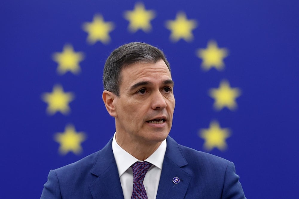 Spain's Prime Minister Pedro Sanchez addresses the European Parliament, December 13, 2023 at in Strasbourg, eastern France