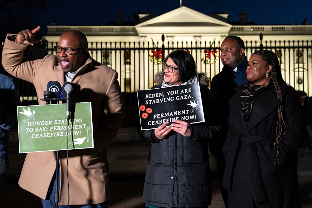 Rep. Jamaal Bowman, speaks alongside, other representatives during a vigil with state legislators and faith leaders on hunger strike outside the White House urging President Joe Biden to call for a permanent ceasefire in Gaza on Nov. 29, 2023. (AP)