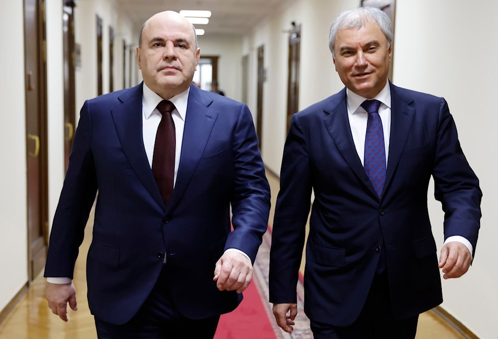 Russian Prime Minister Mikhail Mishustin, left, and Russian State Duma Chairman Vyacheslav Volodin  at a session of the State Duma in Moscow, Russia, Wednesday, April 3, 2024 (AP/Kremlin)