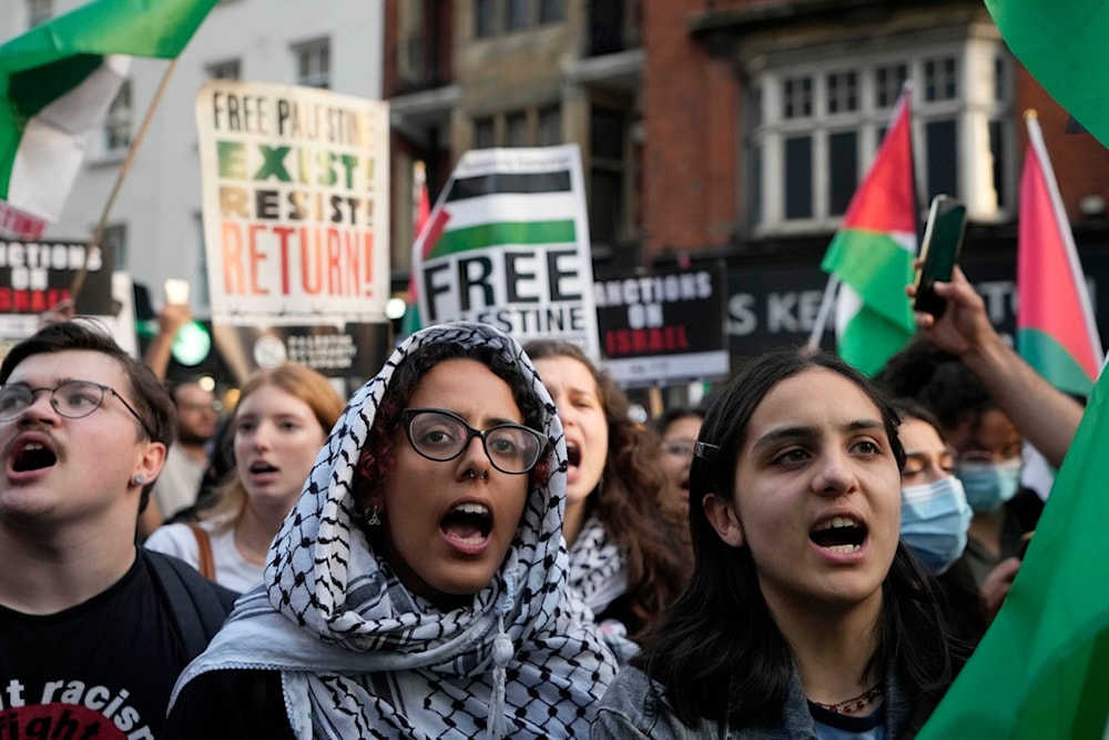 Protesters shout during a pro Palestinian demonstration in London, Monday, Oct. 9, 2023. (AP)