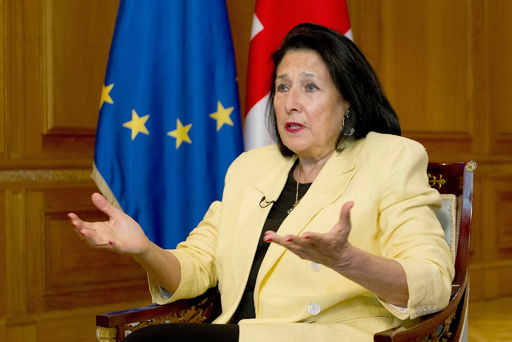 Georgian President Salome Zourabichvili gestures while speaking during an interview with The Associated Press, in Tbilisi, Georgia, Thursday, May 16, 2024. (AP)