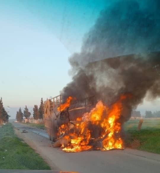 A truck on fire after being targeted by an Israeli drone in al-Qusayr, the countryside of Homs, Syria, on Sunday, February 25,2024. (Social media)