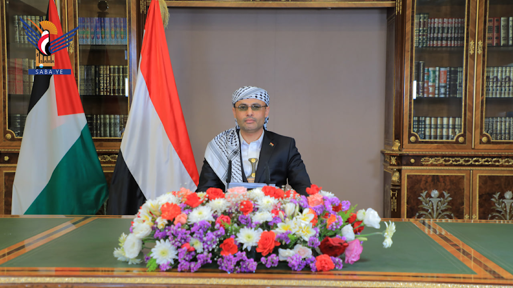 Yemeni Supreme Political Council leader Mahdi al-Mashat during a speech in Sanaa, Yemen, on May 21, 2024 (SABA)