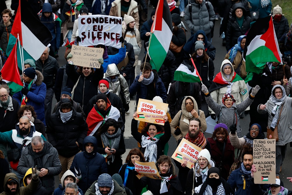 Pro-Palestinian demonstrators hold signs and wave flags during a rally in Brussels, January 21, 2024. (AP)