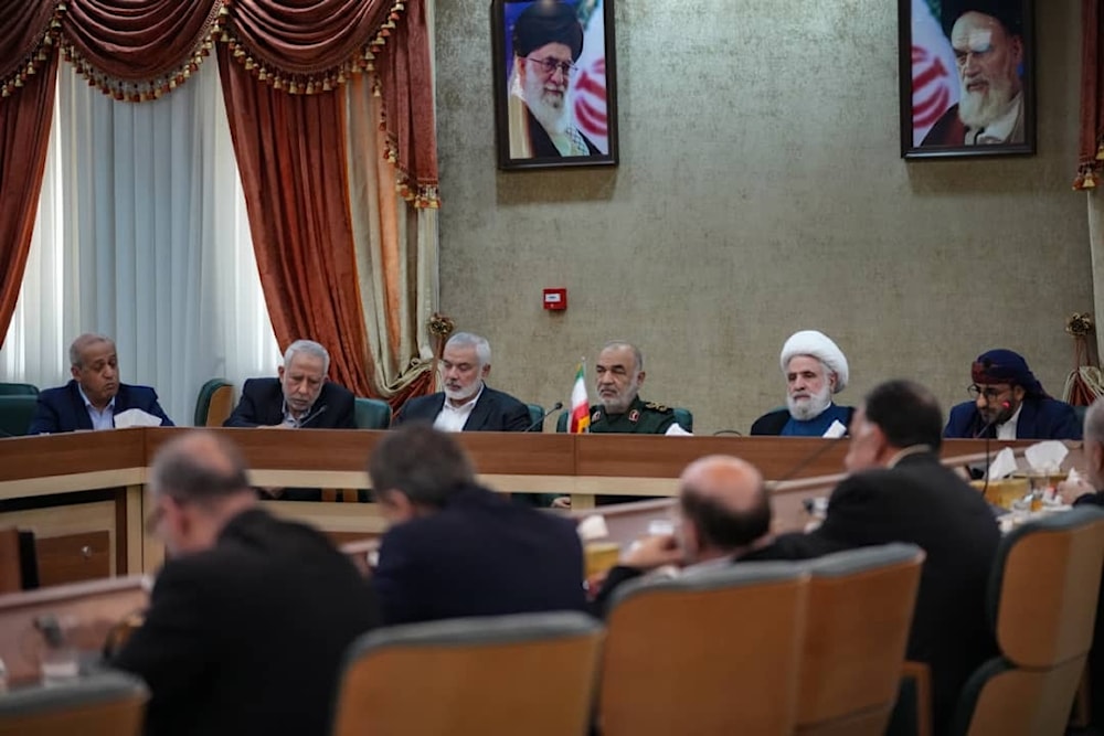 Resistance faction leaders meet in Tehran on the sidelines of the funeral ceremony for Iranian President Ebrahim Raisi on May 23, 2024. (Al Mayadeen)