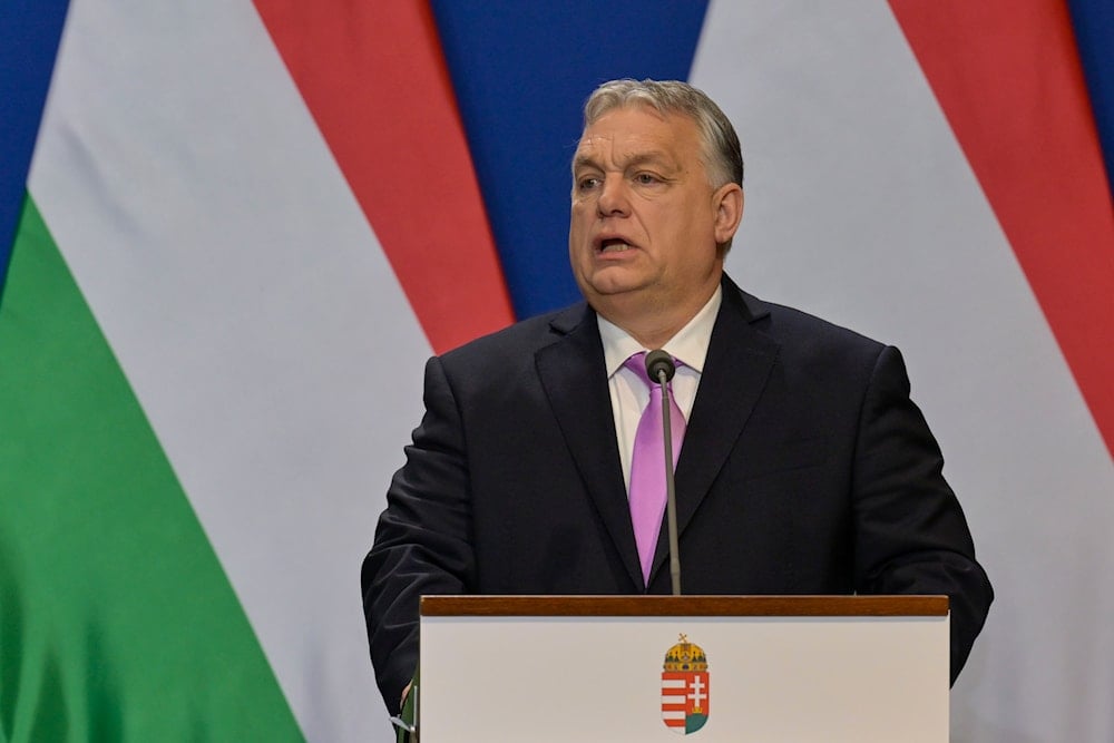 Hungarian Prime Minister Viktor Orban speaks during a press conference with his Sweden's counterpart Ulf Kristersson at the Carmelite Monastery in Budapest, Hungary, on Feb 23, 2024. (AP)