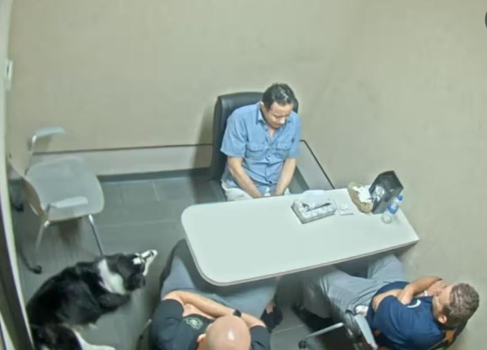 Thomas Perez during his 17-hour interrogation by Fontana police in California in 2018. (Fontana police footage released by attorney Jerry Steering)