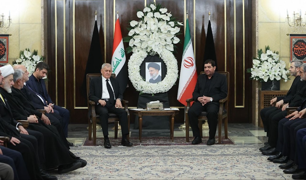Interim Iranian President Mohammad Mokhber meets Iraqi President Adul Latif Rashid who was offering condolences in in Tehran, Iran, on May 25, 2024. (Social media)