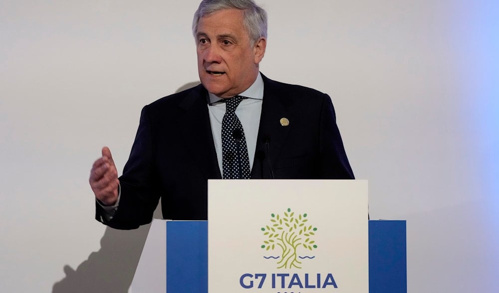 Italian Foreign Minister Antonio Tajani speaks to reporters during the final press conference at the G7 Foreign Ministers meeting on Capri Island, Italy, Friday, April 19, 2024. (AP)