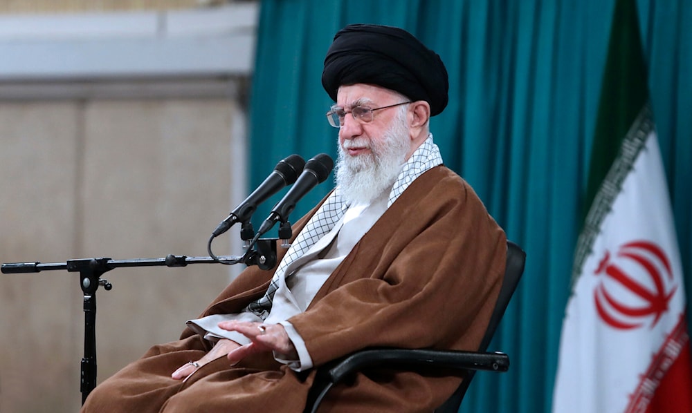 Supreme Leader Ayatollah Ali Khamenei speaks in meeting a group of families of the Revolutionary Guard members in Tehran, Iran on May 19, 2024. (AP)