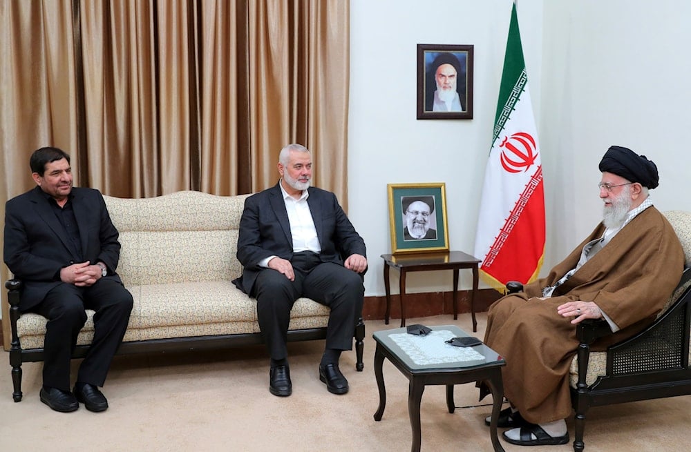 Iranian Leader Ayatollah Ali Khamenei, Hamas chief Ismail Haniyeh, and Iranian acting President Mohammad Mokhber, during their meeting in Tehran, Iran, May 22, 2024 (AP) 