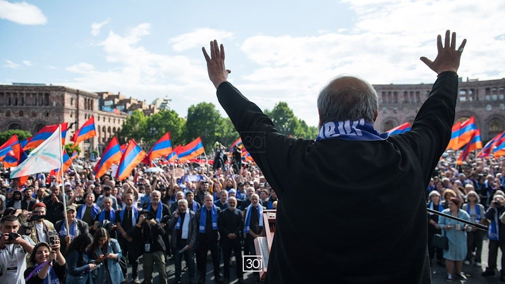 Archbishop Bagrat Galstanyan announced as the sole candidate for the Armenian opposition calling on prime Minister Nikol Pashinyan to resign on May 26, 2024. (Social media)