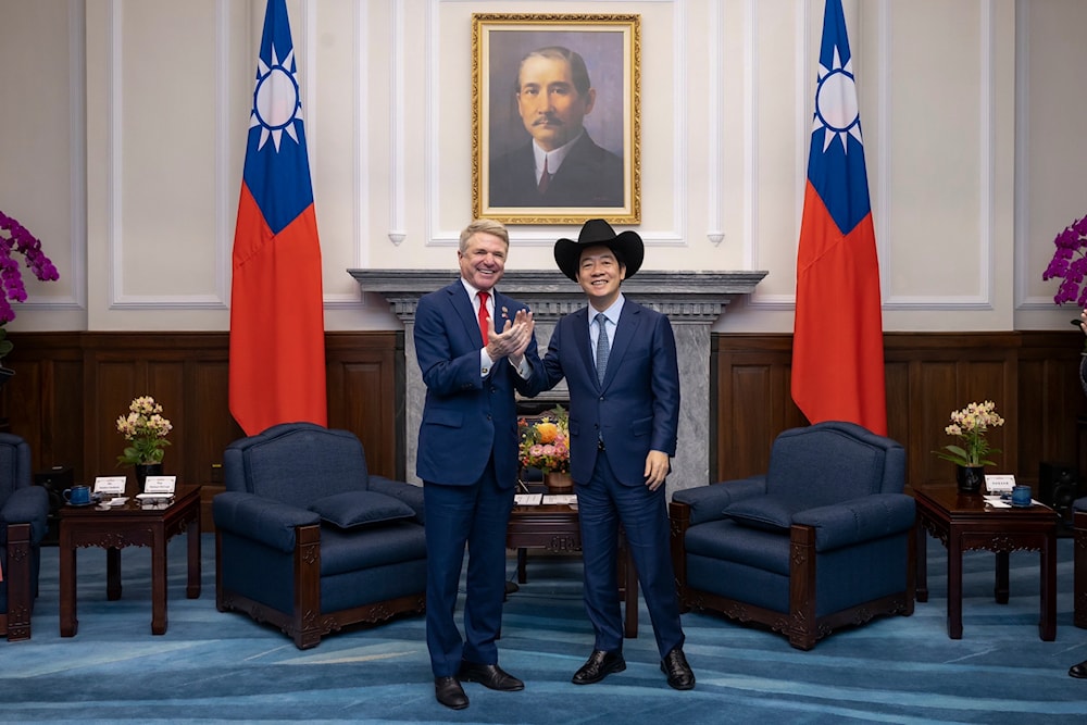 Taiwan President Lai Ching-te, right, shares a light moment with Rep. Michael McCaul, R-Texas after receiving a cowboy hat in Taipei, Taiwan, on May 27, 2024. (AP)