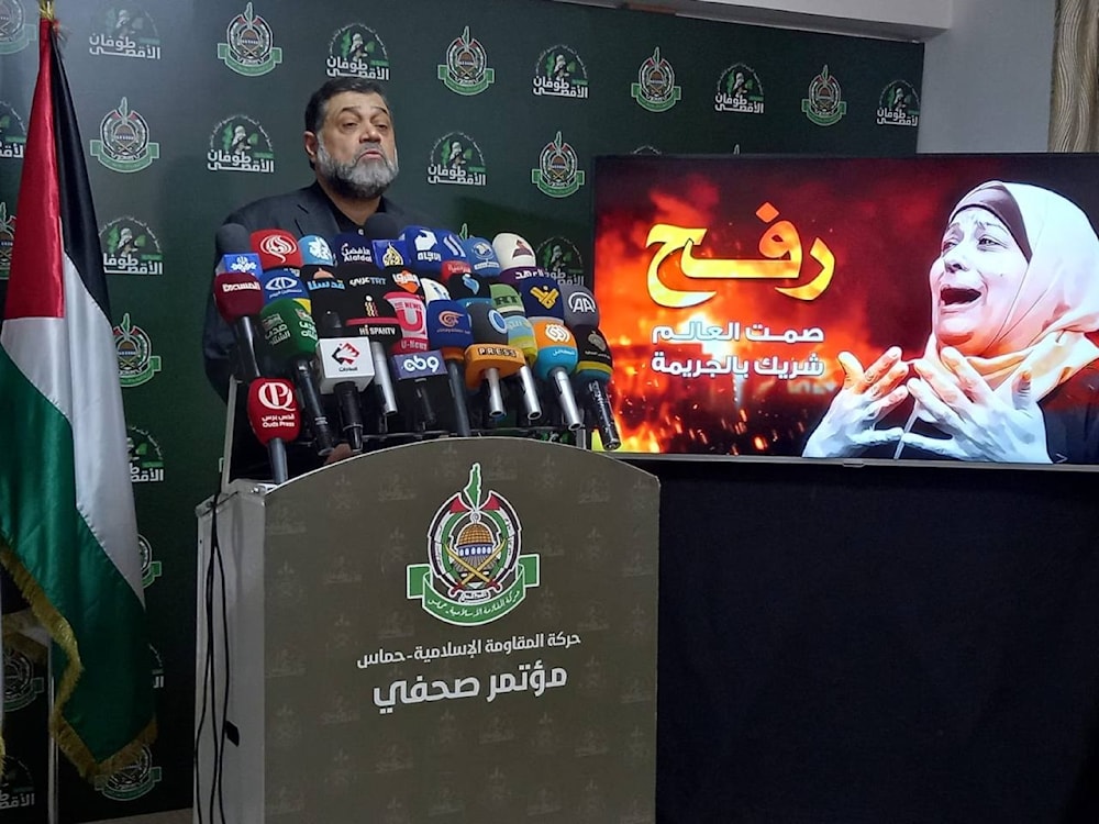 Hamas senior official Osama Hamas gives a statement condemning the Rafah massacre on Monday, May 27, 2024 (Social Media)
