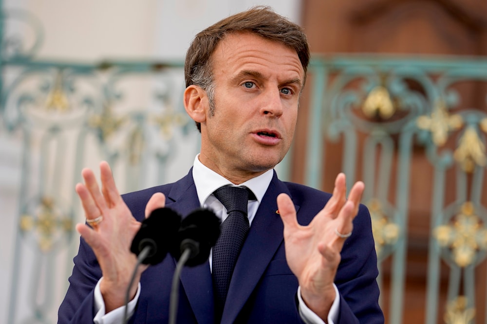 French President Emmanuel Macron attends a press conference at the German government guest house in Meseberg, north of Berlin, Germany, May 28, 2024 (AP)