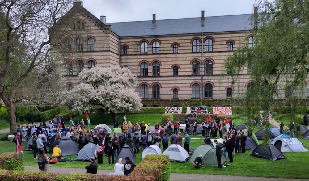 The Gaza encampment at the University of Copenhagen is picture on May 6, 2024. (X, @Sprinterfactory)