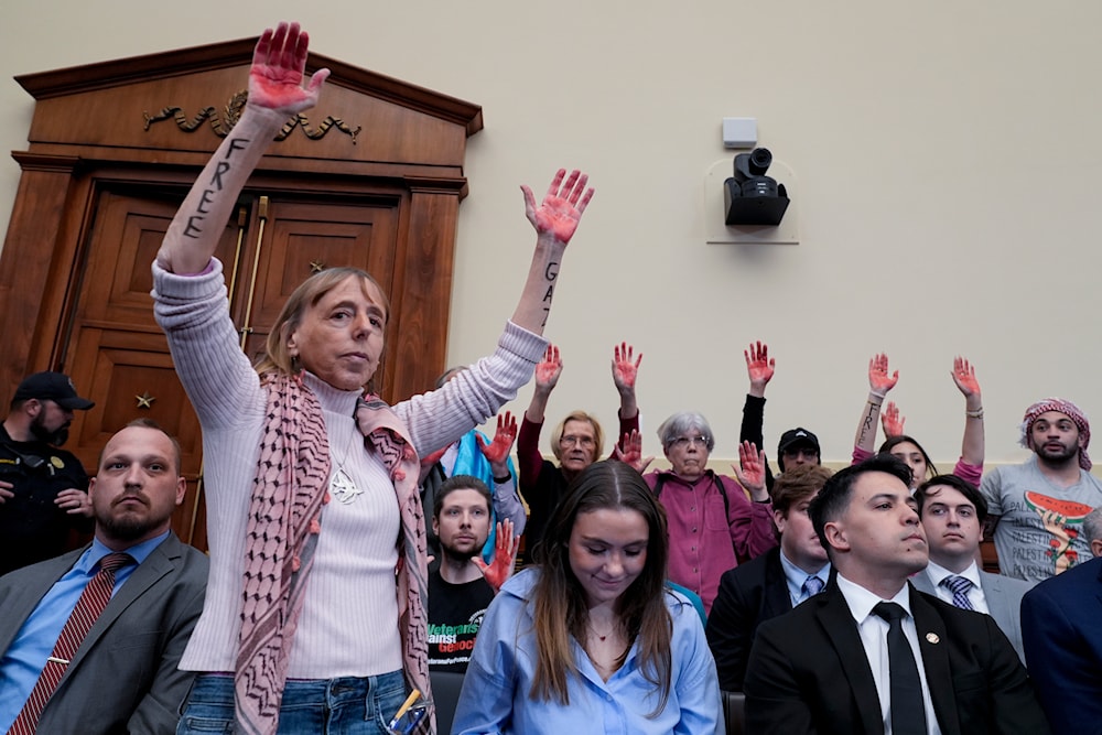 Activists supporting Palestinians in Gaza demonstrate before a House Foreign Affairs Committee hearing at the Capitol in Washington, Tuesday, March 19, 2024. (AP)