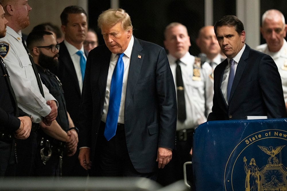 Former President Donald Trump walks outside of Manhattan Criminal Court after a jury convicted him of felony crimes, May 30, 2024, in New York. (AP)