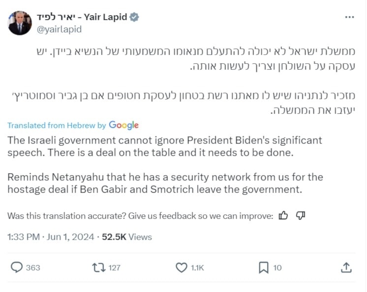 Lapid pledges support for Netanyahu's truce plan