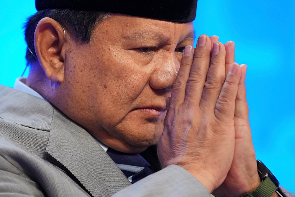 Indonesia's president-elect Prabowo Subianto gestures during a special address at the 21st Shangri-La Dialogue meeting at the Shangri-La Hotel in Singapore, June 1, 2024 (AP) 