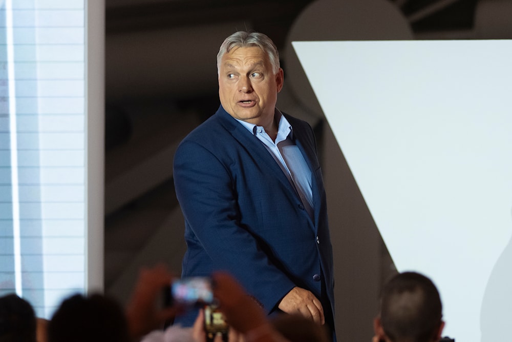 Hungarian Prime Minister Viktor Orban arrives to address the media after receiving the results of the European Parliamentary elections in Budapest, Hungary, Monday, June 10, 2024. (AP)