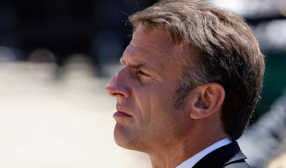 French President Emmanuel Macron attends a WWII in Oradour-sur-Glane, southwestern France, Monday, June 10, 2024. (AP)