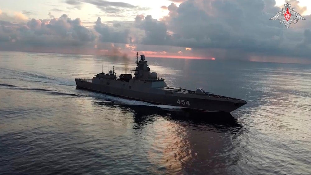 In this photo taken from video released by Russian Defense Ministry Press Service on Tuesday, June 11, 2024, the Russian navy's Admiral Gorshkov frigate is seen en route to Cuba. (AP)