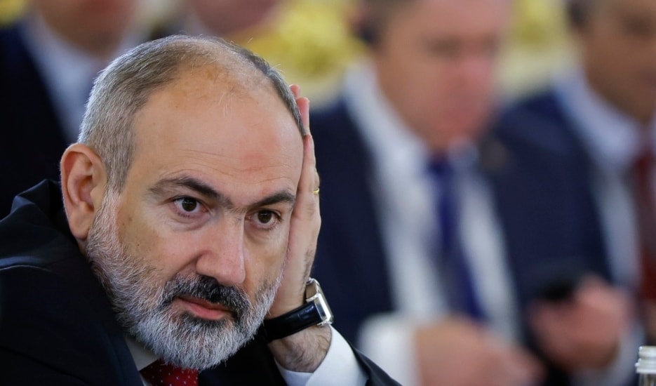 Armenian Prime Minister Nikol Pashinyan attends a meeting of the Supreme Eurasian Economic Council of the Eurasian Economic Union at the Kremlin in Moscow, Russia, on Wednesday, May 8, 2024. (AP)