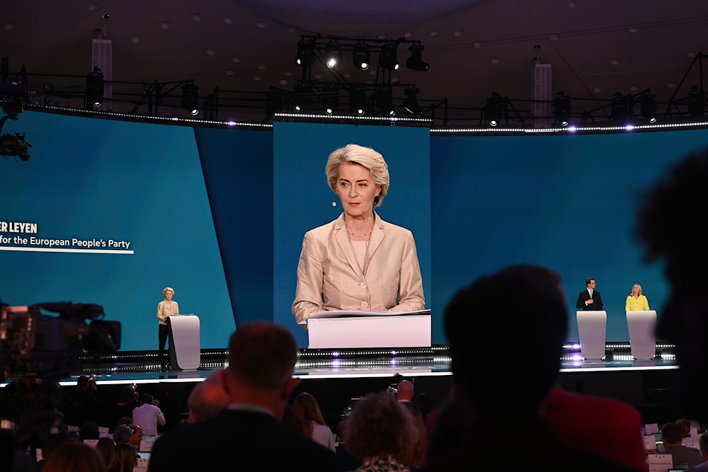 European Commission President Ursula von der Leyen, speaks during an election event at the European Parliament in Brussels, Sunday, June 9, 2024. (AP)