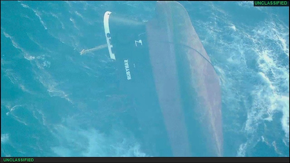 This undated photo released Sunday, March 3, 2024, by the U.S. military's Central Command shows the Belize-flagged vessel Rubymar sinking in the Red Sea. (AP)