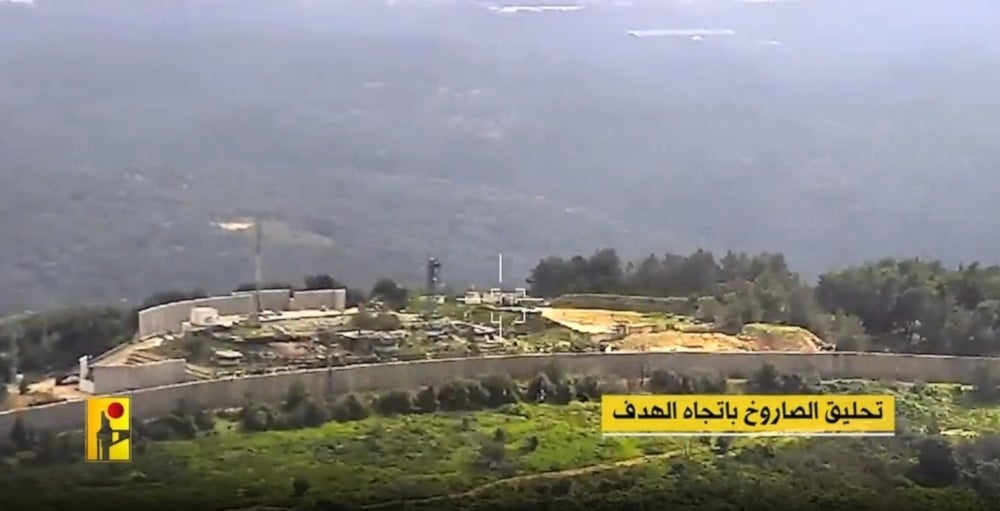 A screengrab from a video shared by Hezbollah showing an operation in progress noting that the missile is on route to hit the target. (Military media)