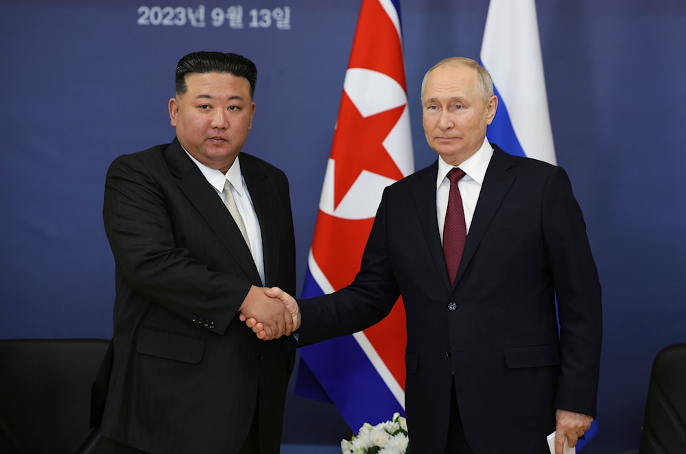 ussian President Vladimir Putin, right, and North Korean leader Kim Jong Un shake hands during their meeting at the Vostochny cosmodrome outside the city of Tsiolkovsky