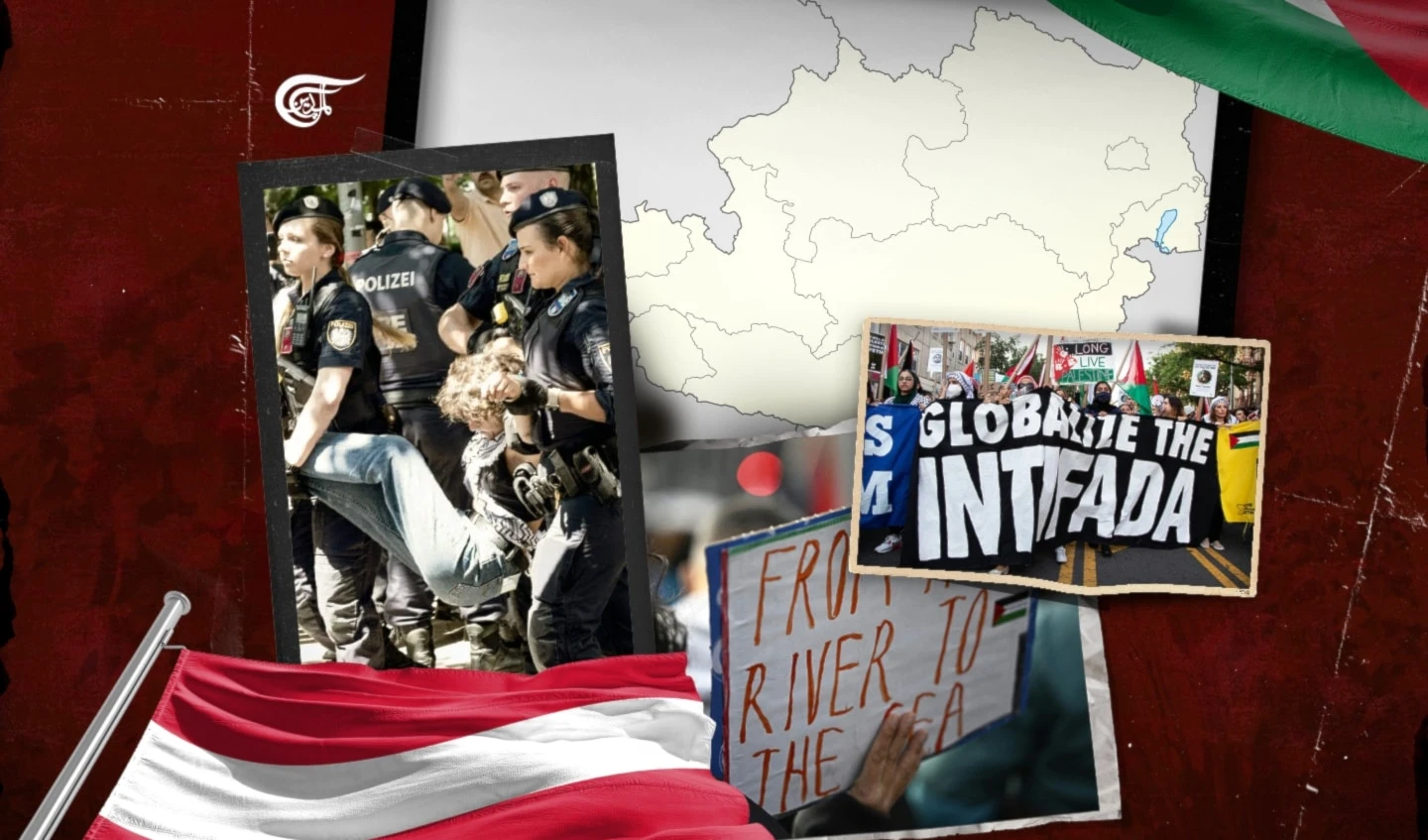 Since May, the police have informed the organisers and participants of each manifestation that the use of “From the river to the sea…” and “Intifada” is forbidden. (Al Mayadeen English; Illustrated by Zeinab El-Hajj)