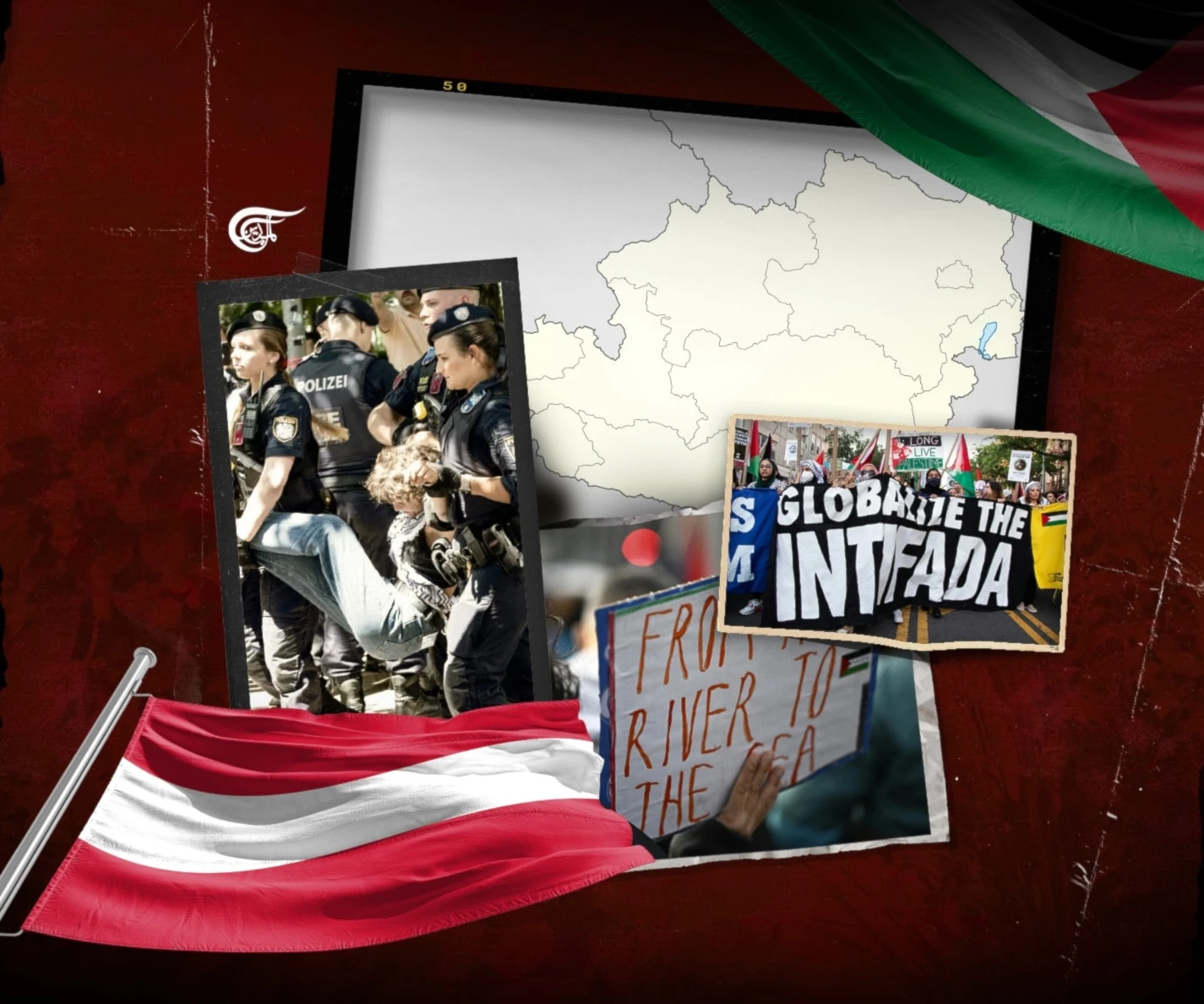 Since May, the police have informed the organisers and participants of each manifestation that the use of “From the river to the sea…” and “Intifada” is forbidden. (Al Mayadeen English; Illustrated by Zeinab El-Hajj)