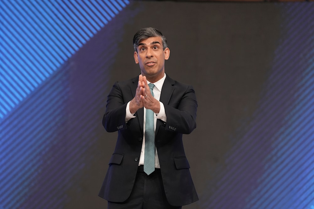 Britain's Prime Minister Rishi Sunak addresses the audience during the Sky News election debate in Grimsby, England, June 12, 2024 (AP)